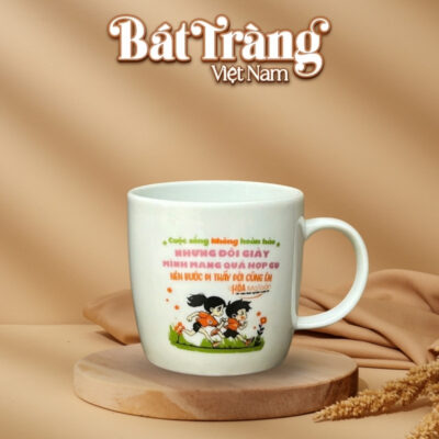 Ly sứ Bát Tràng Việt Nam dáng trụ lùn quai C in logo 300ml BT-QT57