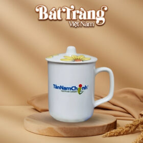 Ly sứ Bát Tràng Việt Nam in logo có nắp họa tiết hoa hướng dương 350ml BT-QT55