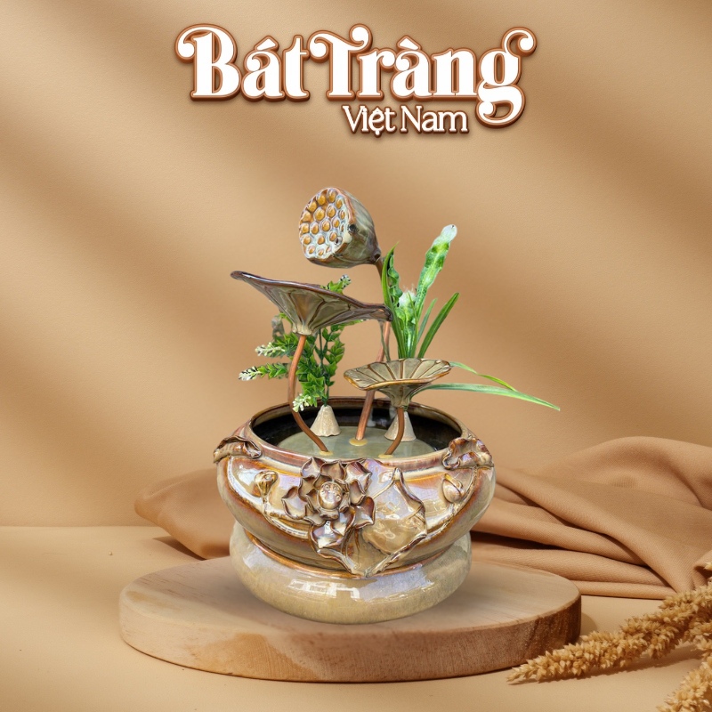 Tiểu cảnh thác nước phong thủy dáng hoa sen đắp nhỏ vàng nâu BT-TN10