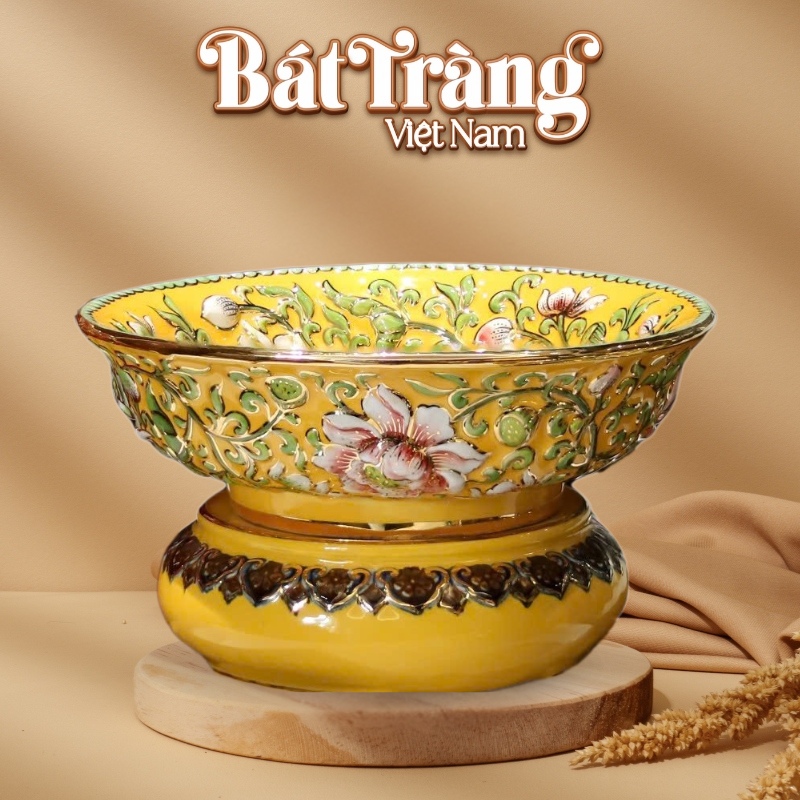 Bát nước thả hoa Bát Tràng màu vàng vẽ Xích Đơn Vinh Hoa BT-BNTH09