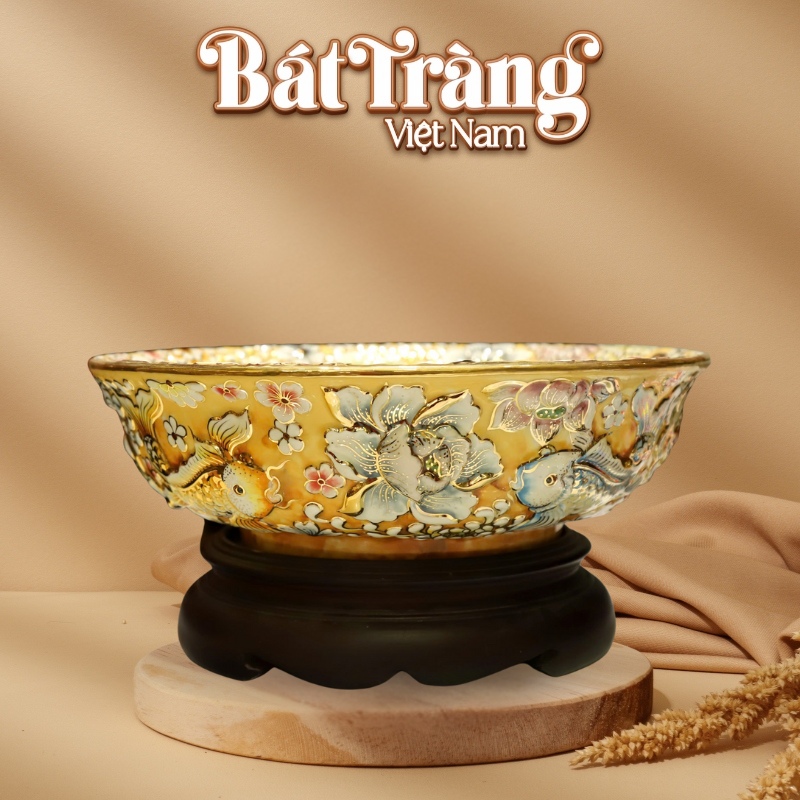 Bát nước thả hoa Bát Tràng vẽ vàng Kim Ngư Phú Quý BT-BNTH04
