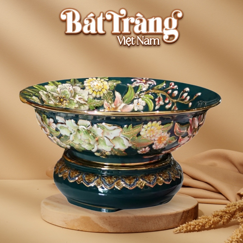 Bát nước thả hoa Bát Tràng xanh rêu vẽ Xích Đơn Vinh Hoa BT-BNTH10