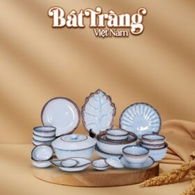 Bộ bàn ăn 23 món men hoả biến xanh dương kẻ viền nâu BĐ-42