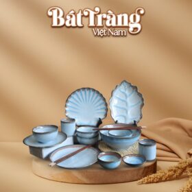 Bộ bàn ăn hoả biến xanh dương gốm sứ Bát Tràng kẻ viền nâu BĐ-31