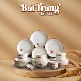 Bộ bát đĩa Bát Tràng men kem hoạ tiết hoa đào nhỏ vẽ tay BĐ-08
