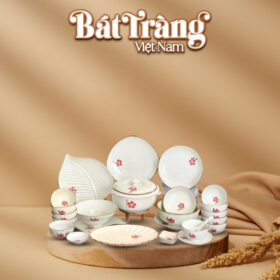Bộ bát đĩa gốm sứ Bát Tràng men kem hoạ tiết cành đào vẽ tay BĐ-11