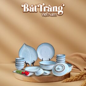 Bộ bát đĩa 16 món gốm sứ Bát Tràng men xanh hoả biến BĐ-32