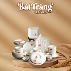 Bộ bát đĩa gốm sứ men kem hoạ tiết cành đào hồng vẽ tay BĐ-09