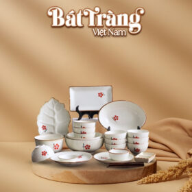 Bộ bàn ăn gốm sứ Bát Tràng hoạ tiết hoa đào vẽ tay BĐ-07