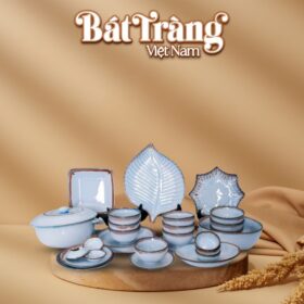 Bộ bát đĩa 27 món men hoả biến Bát Tràng biển xanh kim sa BĐ-38