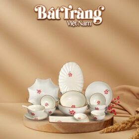 Bộ bàn ăn gốm sứ men kem vẽ tay hoạ tiết cành đào Bát Tràng BĐ-10