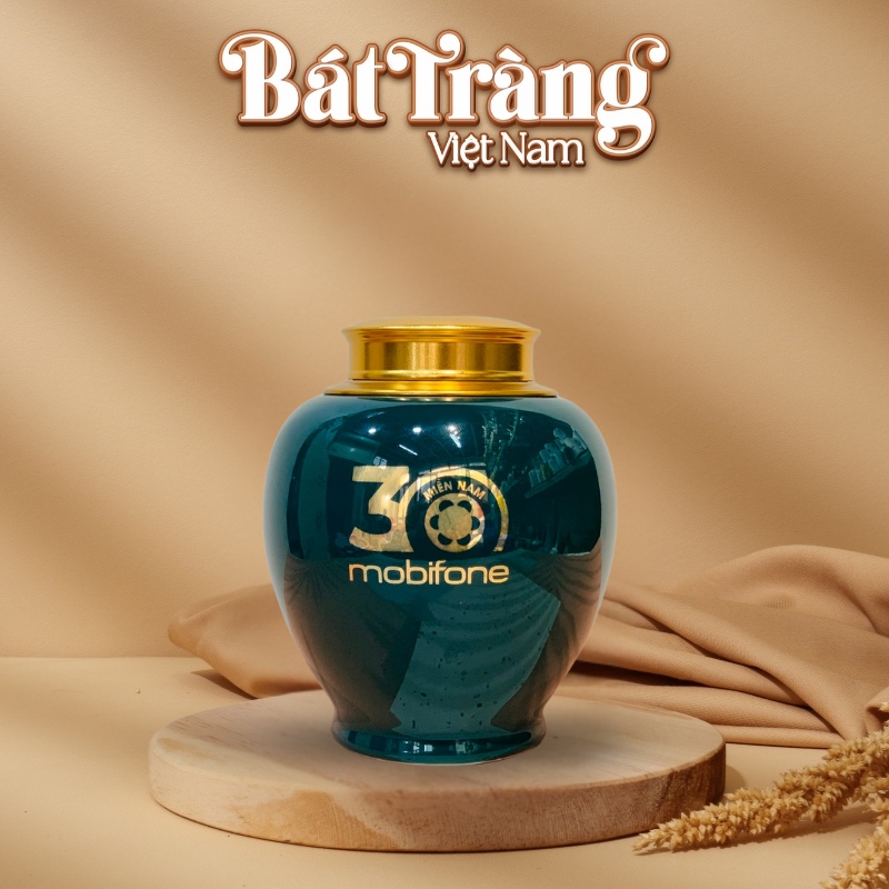 Bộ hai lọ chè gốm sứ Bát Tràng vẽ vàng kim in logo BT-HT01