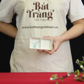 Chén chấm 2 ngăn men trắng Bát Tràng họa tiết đào xanh BĐ-12