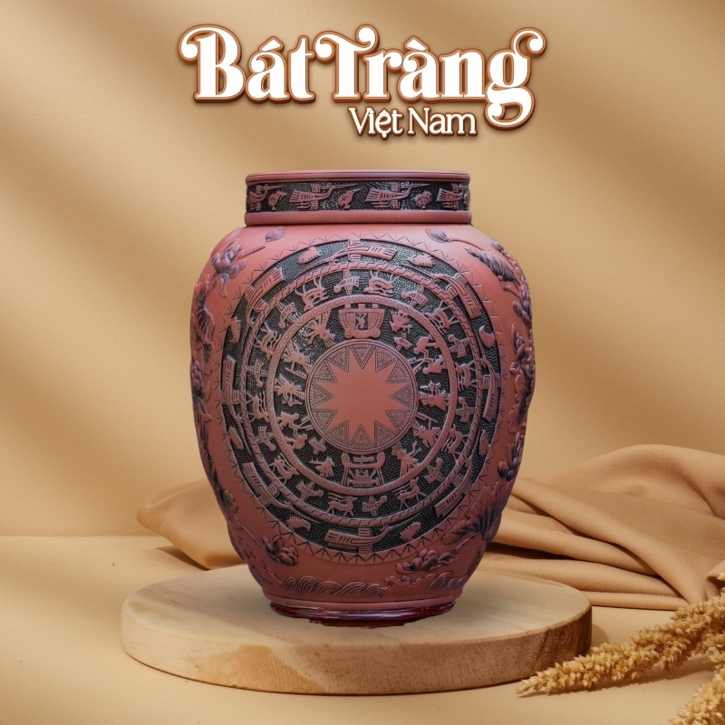 Chum gốm ngâm rượu Bát Tràng họa tiết trống đồng khắc nổi BT-CR10