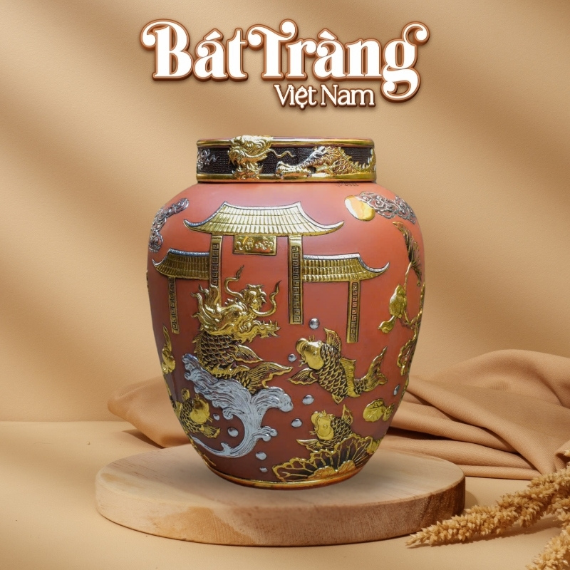 Chum gốm ngâm rượu Bát Tràng đắp nổi dát vàng cá chép hóa rồng BT-CR08