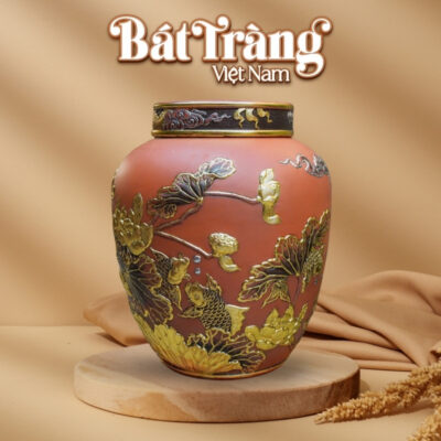 Chum gốm ngâm rượu Bát Tràng đắp nổi dát vàng sen chép BT-CR07