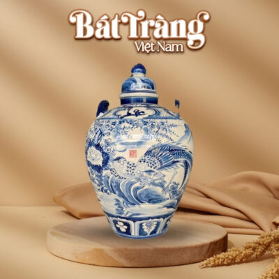 Chum sứ ngâm rượu men lam Bát Tràng vẽ chim trĩ hoa đào BT-CR19