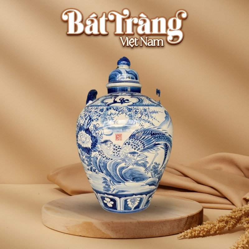 Chum sứ ngâm rượu men lam Bát Tràng vẽ chim trĩ hoa đào BT-CR19