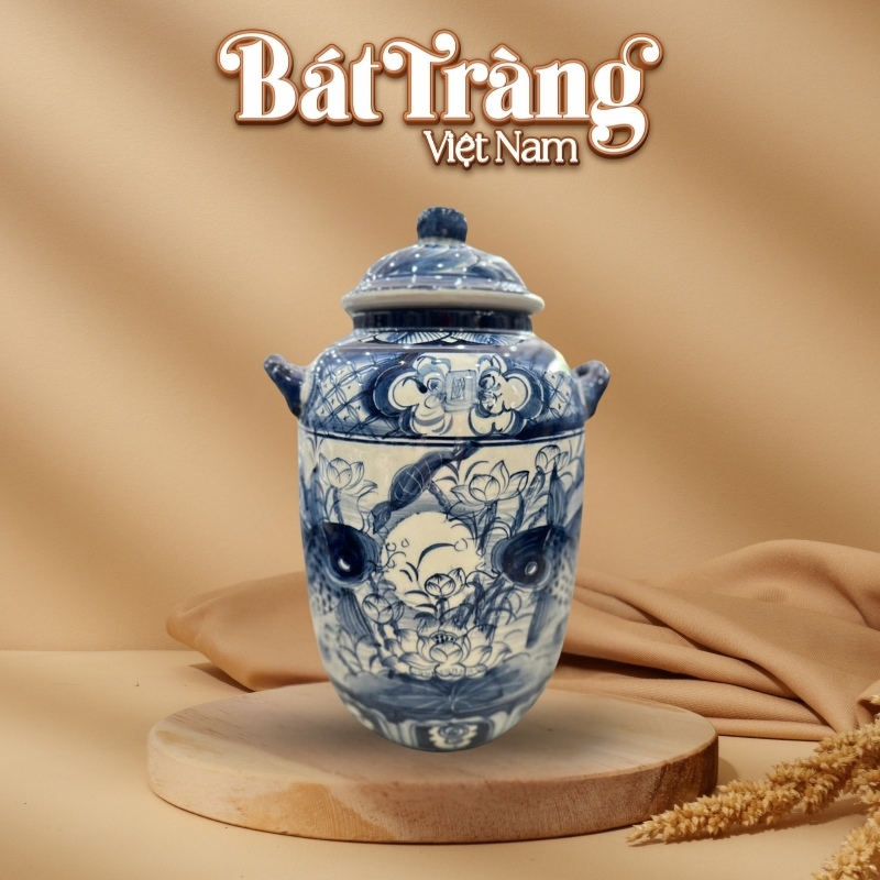 Chum ngâm rượu sứ men lam Bát Tràng vẽ Lý Ngư chầu nguyệt BT-CR31