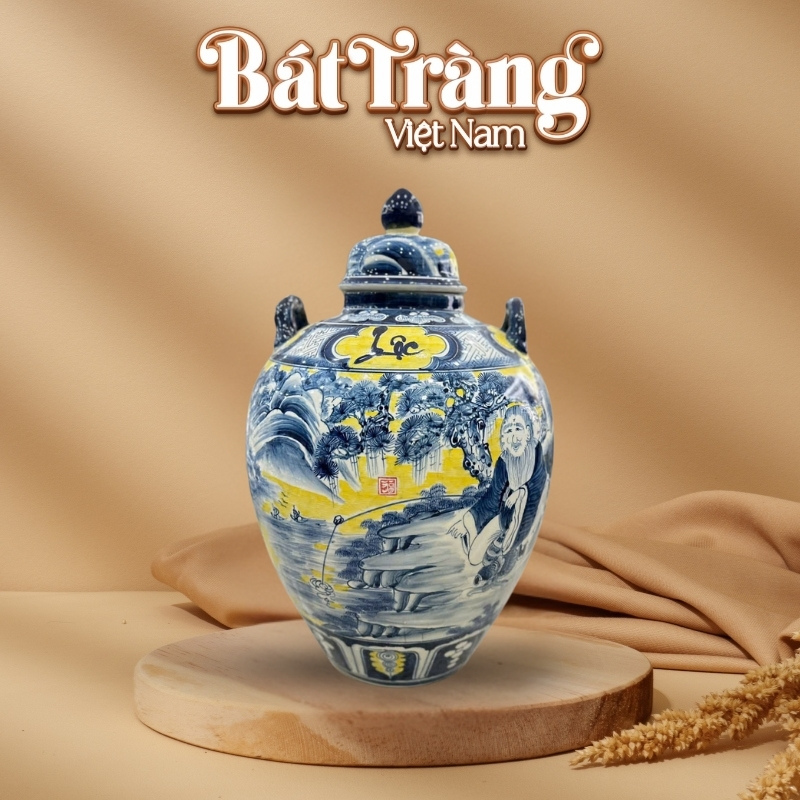 Chum sứ đựng rượu men màu Bát Tràng vẽ tay Lã Vọng câu cá BT-CR26