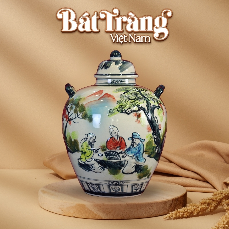 Chum sứ ngâm rượu men màu Bát Tràng vẽ tiên ông đánh cờ BT-CR14