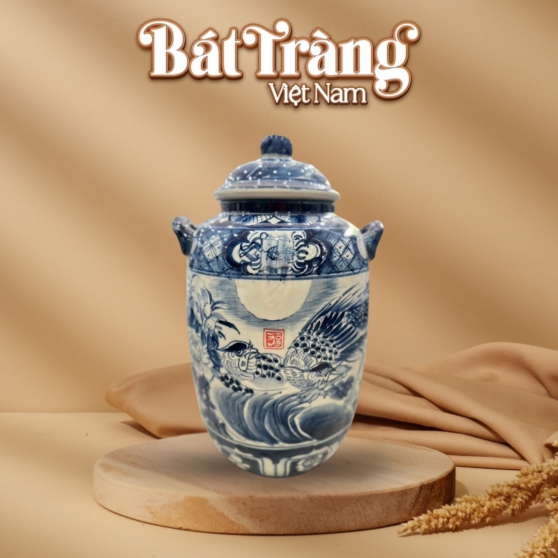 Chum đựng rượu sứ men lam Bát Tràng họa tiết chim trĩ BT-CR32