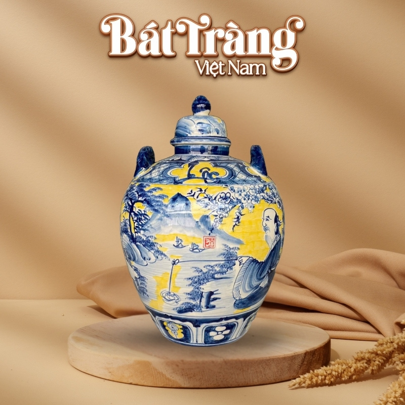 Chum rượu sứ men màu Bát Tràng họa tiết Lã Vọng câu cá BT-CR27