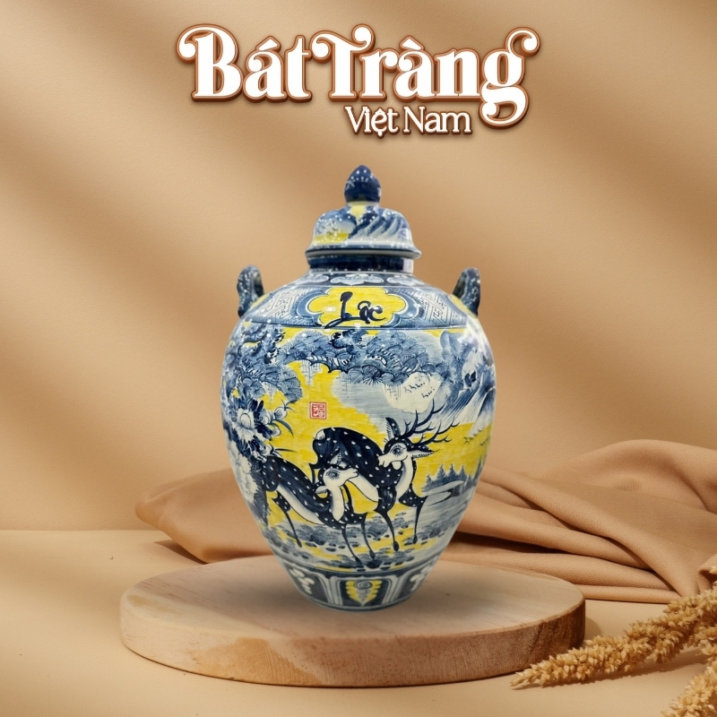 Chum rượu sứ men màu Bát Tràng vẽ tay đôi hươu BT-CR24