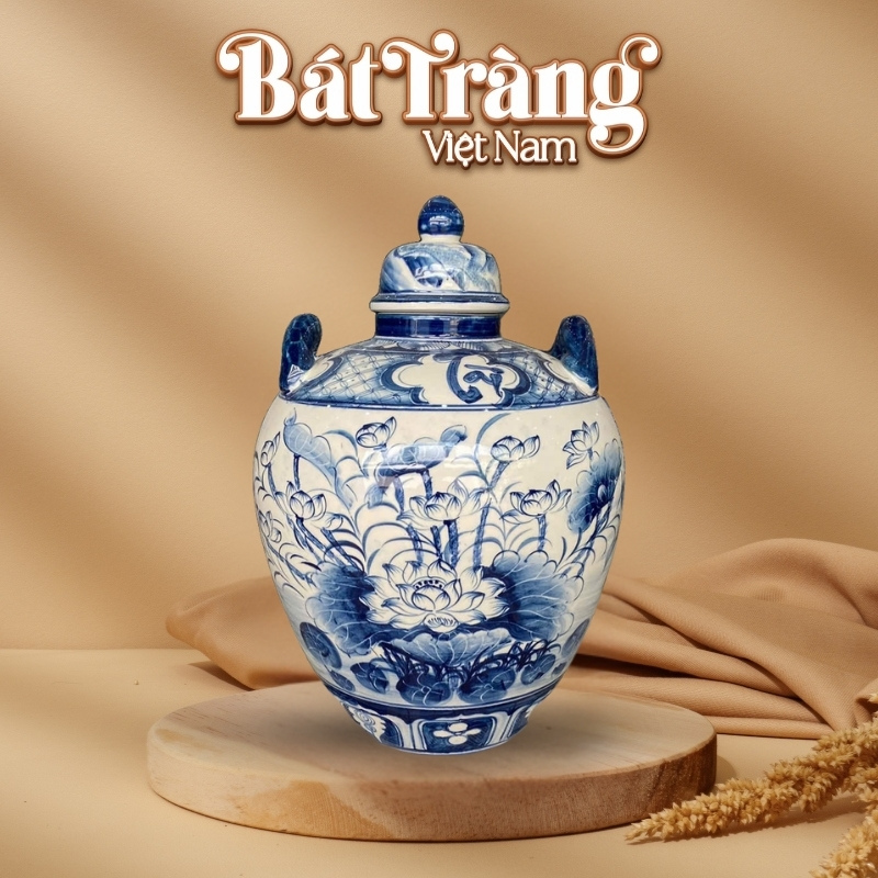 Chum sứ ngâm rượu men lam Bát Tràng họa tiết liên hoa BT-CR17