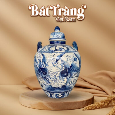 Chum sứ ngâm rượu men lam Bát Tràng vẽ sen chép BT-CR21