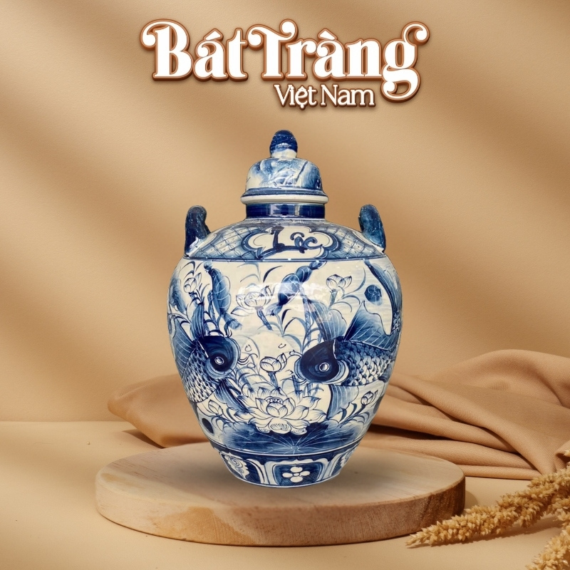 Chum sứ ngâm rượu men lam Bát Tràng vẽ sen chép BT-CR21