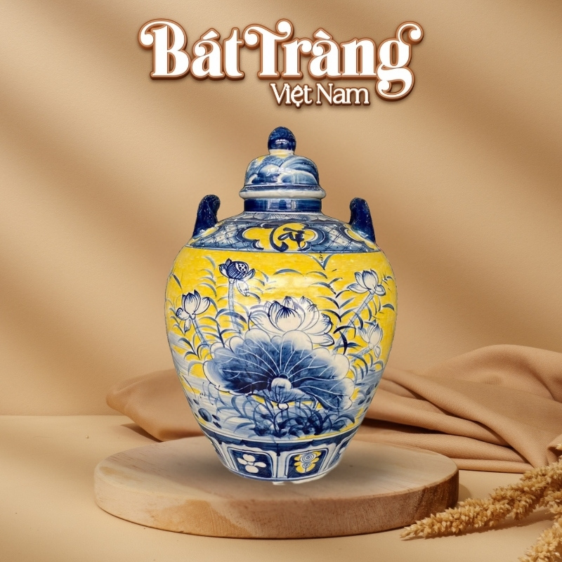 Chum sứ ngâm rượu men màu Bát Tràng vẽ tay hoa sen BT-CR18