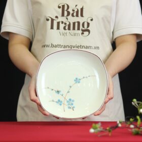 Đĩa ảo sứ trắng Bát Tràng họa tiết đào xanh BĐ-26