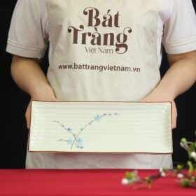 Đĩa chữ nhật múi men trắng họa tiết đào xanh BĐ-19