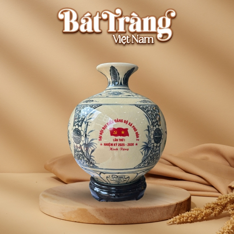 Quà tặng Đại biểu Đại hội bình hút lộc men rạn hanh vàng in logo vẽ tứ cảnh BT-QT88