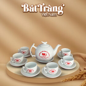 Quà tặng Đại hội Đảng bộ ấm chén in logo sứ trắng dáng bưởi cành BT-QT82