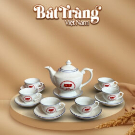 Quà tặng Đại hội bộ ấm chén in logo sứ trắng kẻ chỉ xanh dáng thần đèn BT-QT84