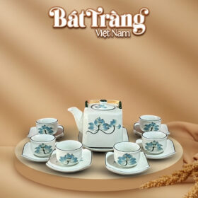 Quà tặng Đại hội bộ ấm chén in logo sứ trắng hoa sen dáng vuông BT-QT85
