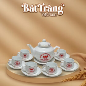 Quà tặng Đại hội Đại biểu bộ ấm chén trắng vuông thấp Hongkong in logo BT-QT89
