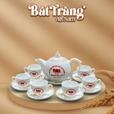 Quà tặng Đại hội Đảng bộ ấm chén in logo sứ trắng kẻ chỉ vàng BT-QT90