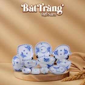 Set bát đĩa 17 món men lam họa tiết chuồn khoai vẽ tay BĐ-51
