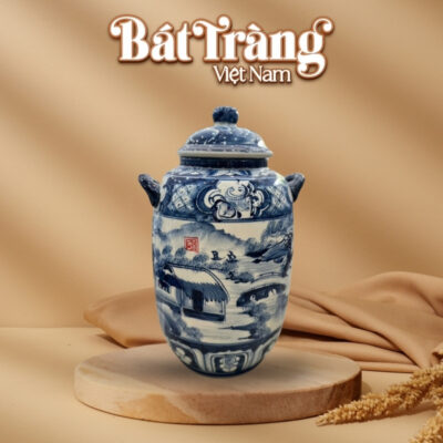 Vò đựng rượu sứ men lam Bát Tràng họa tiết Sơn Thủy BT-CR29