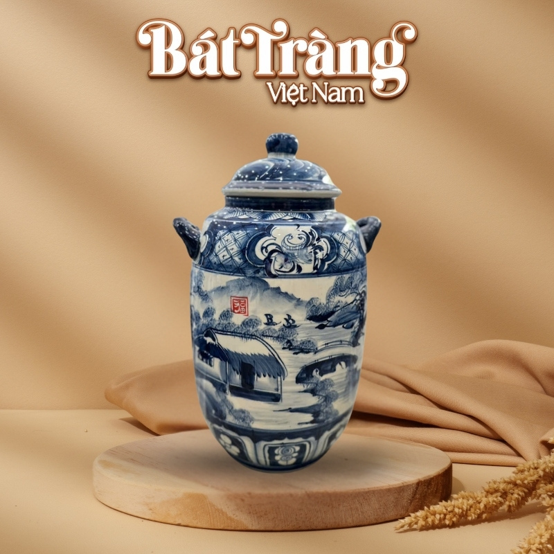 Vò đựng rượu sứ men lam Bát Tràng họa tiết Sơn Thủy BT-CR29