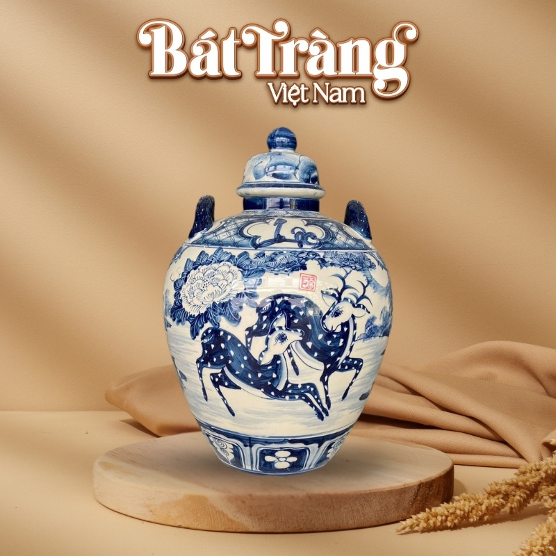 Vò rượu sứ men lam Bát Tràng vẽ đôi hươu sao BT-CR22