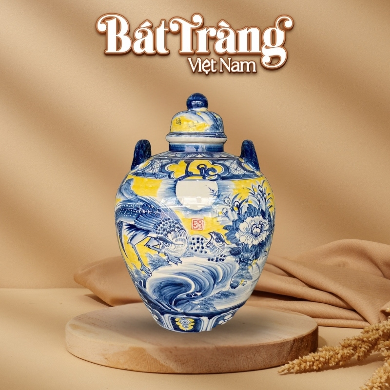 Vò rượu sứ men màu Bát Tràng họa tiết chim trĩ hoa đào BT-CR28