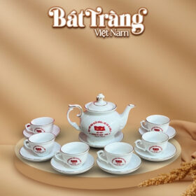 Ấm chén quà tặng đại hội in logo dáng đài cát kẻ chỉ vàng BT-QT94