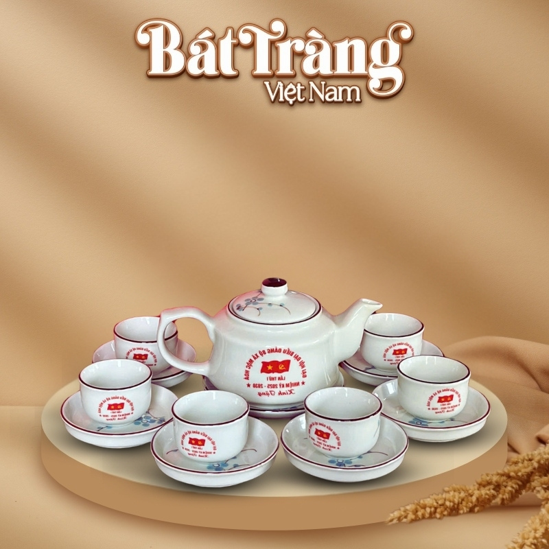 Ấm chén trà quà tặng đại hội đại biểu in logo dáng vuông vẽ hoa đào xanh BT-QT92