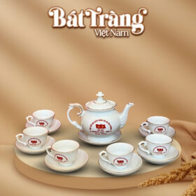 Ấm chén trà quà tặng đại hội, đại biểu in logo dáng đài cát kẻ chỉ vàng BT-QT96