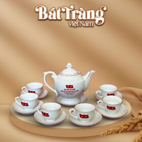 Ấm trà in logo quà tặng đại hội dáng thần đèn kẻ chỉ vàng BT-QT91