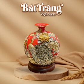 Bình hút lộc Bát Tràng họa tiết công hoa phú quý men sứ đỏ đắp nổi vẽ vàng BT-BHL72